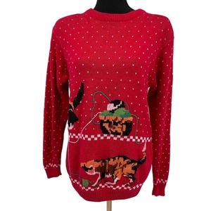 Vintage Pedder Street Red Fair Isle Cat Kitten‎ Knitters Yarn Sweater Small
